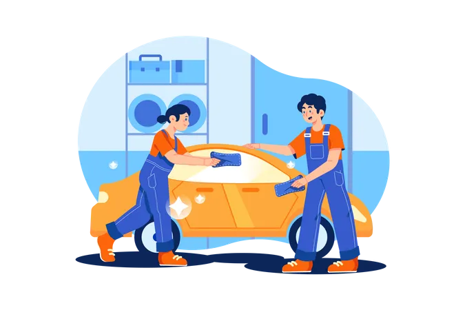 Trabajador limpiando auto  Ilustración