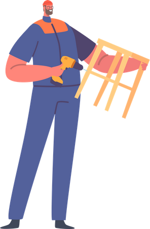 Trabajador Masculino Usar Uniforme Usando Taladro Montaje Silla Madera  Ilustración