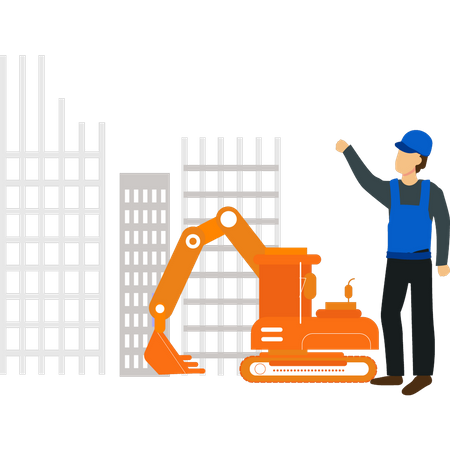 Trabajador mirando máquina de construcción  Illustration