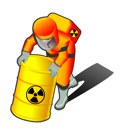 Trabajador nuclear moviendo barril radiactivo  Ilustración