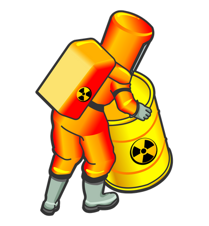 Trabajador nuclear moviendo barril radiactivo  Ilustración