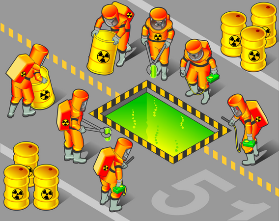 Trabajador nuclear poniendo objetos radiactivos en productos químicos seguros  Ilustración