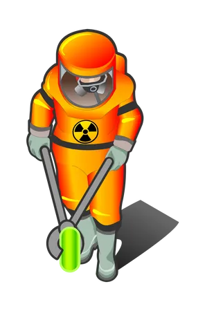 Trabajador nuclear sosteniendo objeto radiactivo con pinzas para fuego  Ilustración