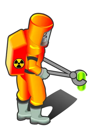 Trabajador nuclear sosteniendo objeto radiactivo con pinzas para fuego  Ilustración