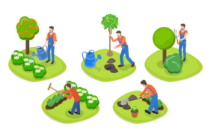 Trabajador paisajista de jardines  Ilustración