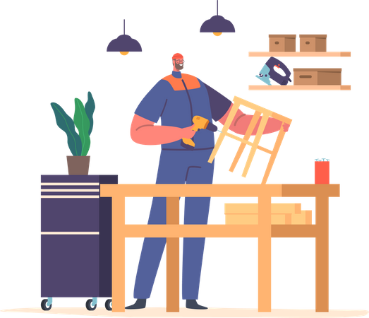 El personaje masculino trabajador ensambla una silla de madera usando herramientas como taladros, martillos y tornillos. Las piezas se unen  Ilustración