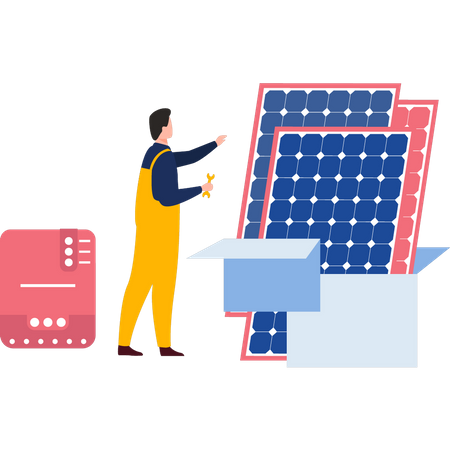 Trabajador repara panel solar  Ilustración