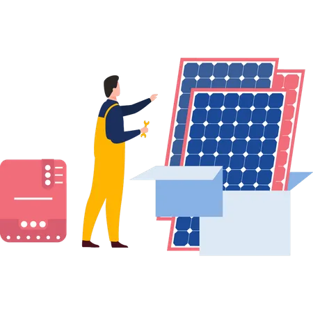 Trabajador repara panel solar  Ilustración