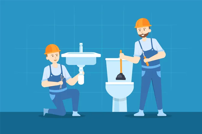 Trabajador reparando lavabo y limpiando inodoro  Ilustración