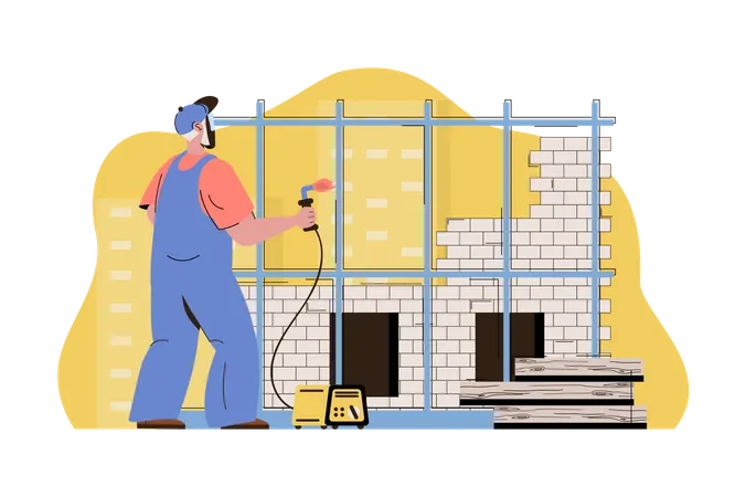 Trabajador soldando estructura de acero en el sitio de construcción  Ilustración