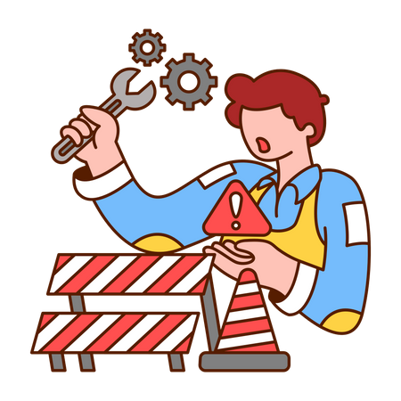 Trabajador sosteniendo una llave y reparando una máquina rota  Illustration
