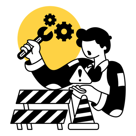 Trabajador sosteniendo una llave y reparando una máquina rota  Illustration