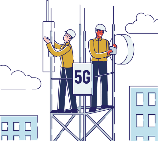 Trabajador trabajando en la configuración de la torre 5g  Ilustración