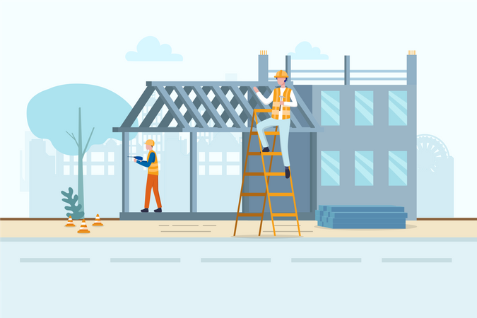 Trabajador trabajando en el sitio de construcción  Illustration