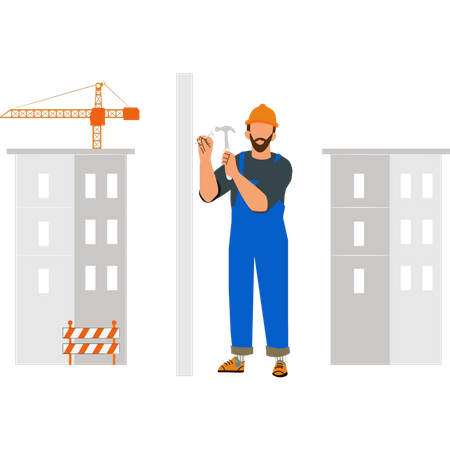 Trabajador que trabaja en el sitio de construcción  Ilustración