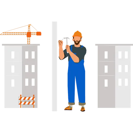 Trabajador que trabaja en el sitio de construcción  Ilustración