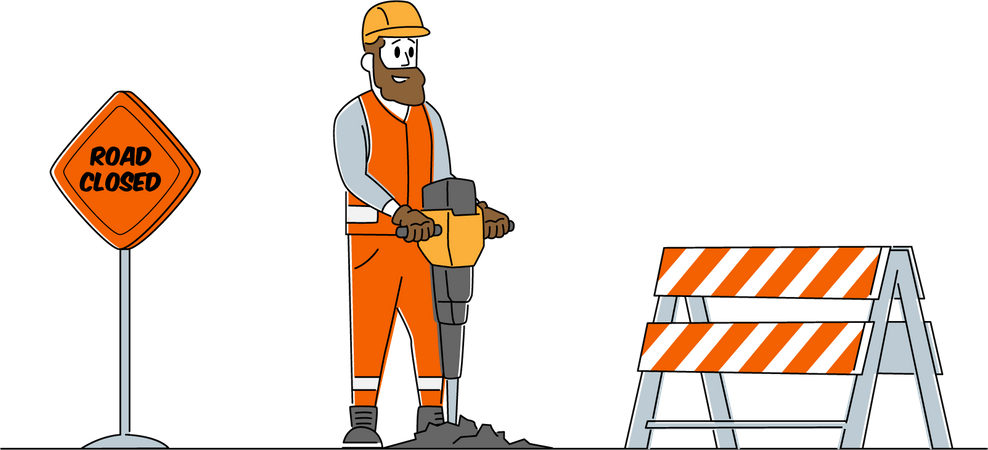 Trabajador que utiliza un martillo neumático para perforar en la carretera  Ilustración
