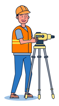 Trabajador que utiliza trípode para topografía vial  Ilustración