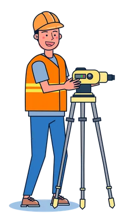 Trabajador que utiliza trípode para topografía vial  Ilustración