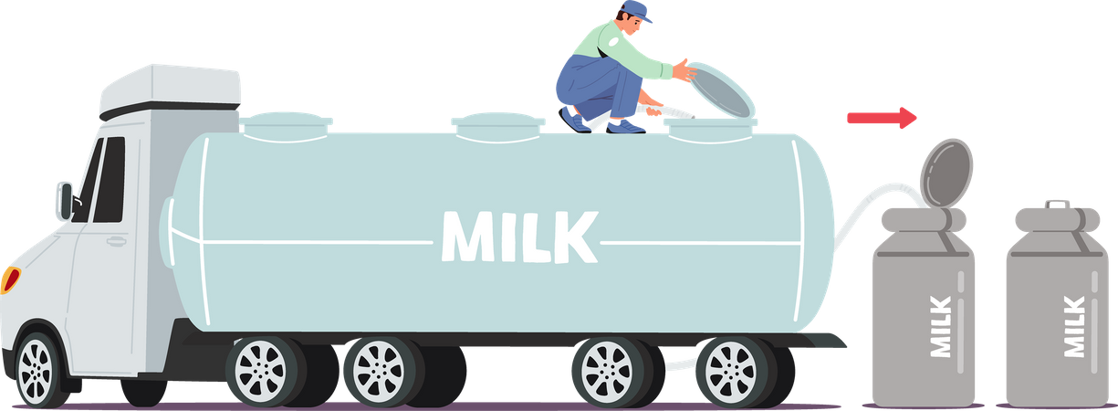 Trabajador masculino vertiendo leche fresca del tanque del automóvil en contenedores metálicos para su distribución  Ilustración