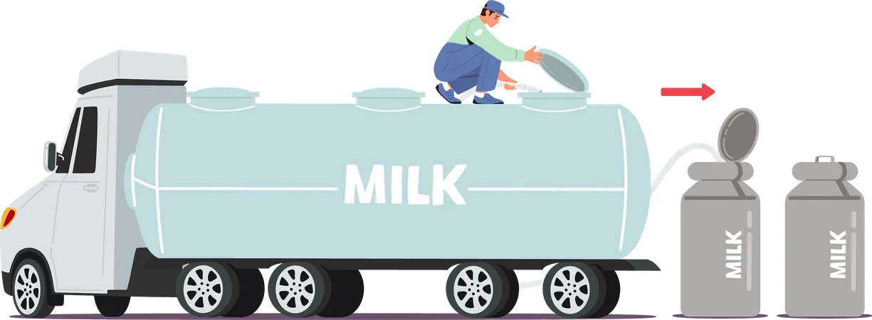 Trabajador masculino vertiendo leche fresca del tanque del automóvil en contenedores metálicos para su distribución  Ilustración