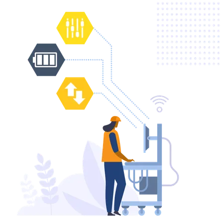 Trabajadora analiza datos y gestiona la producción en fábrica  Ilustración