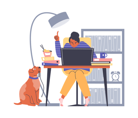 Trabajadora autónoma que trabaja de forma remota desde casa  Ilustración