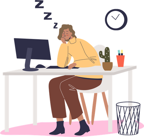 Trabajadora con exceso de trabajo empleada durmiendo en el lugar de trabajo  Ilustración
