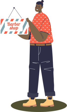 Trabajadora de barbería sosteniendo letrero  Ilustración