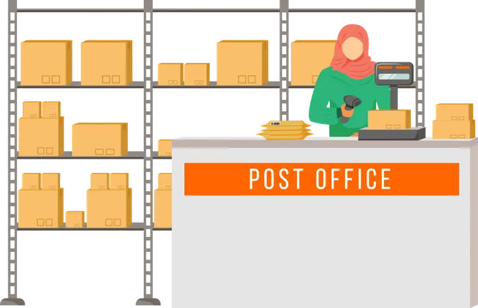 Trabajadora De Oficina De Correos Con Ilustracion De Vector De Color Plano Hijab La Mujer Revisa Y Escanea Paquetes Entrega De Servicios Postales Punto De Recogida De Paquetes Personaje De Dibujos Animados Aislado Sobre Fondo Blanco Ilustración