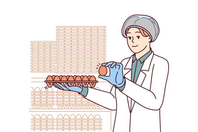 Una trabajadora de una fábrica sostiene huevos de gallina mientras verifica la calidad del producto terminado  Ilustración