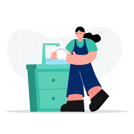 Trabajadora de limpieza lavando platos  Ilustración