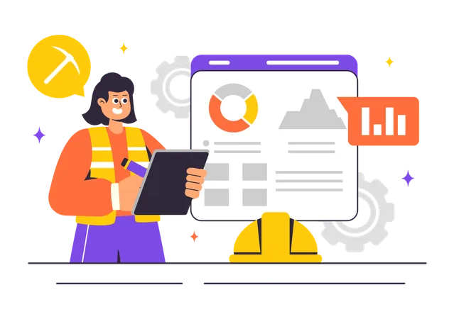 Trabajadora mirando datos de producción minera  Ilustración