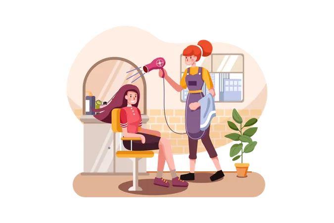 Trabajadora secando el cabello del cliente  Ilustración