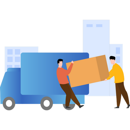 Trabajadores cargando el paquete de entrega en el camión de reparto  Ilustración