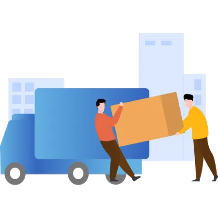Trabajadores cargando el paquete de entrega en el camión de reparto  Ilustración