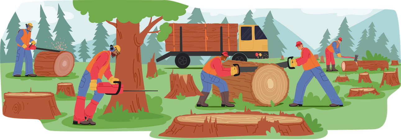 Los trabajadores talan árboles en el bosque  Ilustración