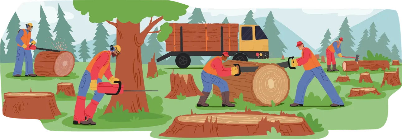 Los trabajadores talan árboles en el bosque  Ilustración