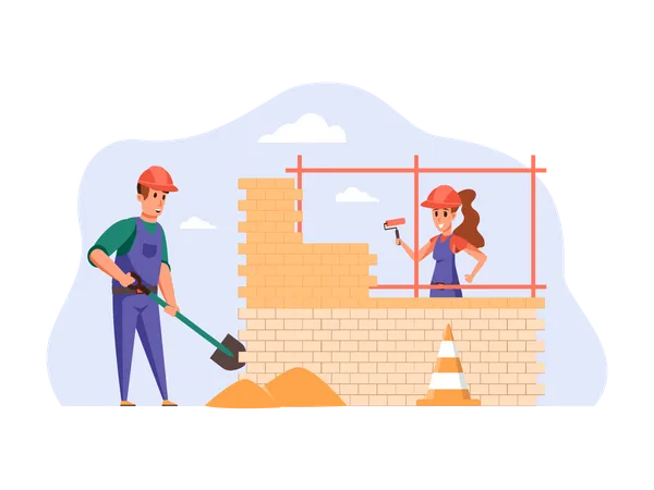 Trabajadores de la construcción construyendo casa  Ilustración