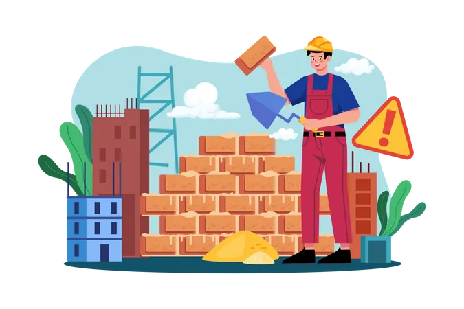 Trabajadores de la construcción construyendo el muro  Ilustración