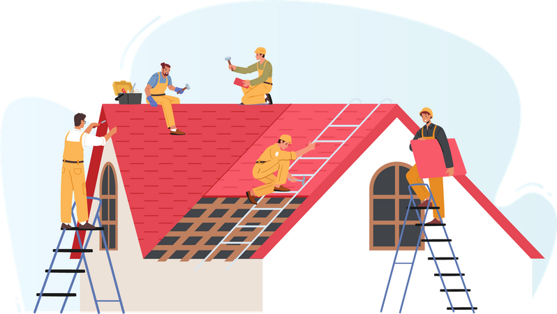 Trabajadores de la construcción de techos realizan trabajos de techado  Ilustración