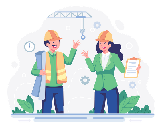 Trabajadores de la construcción discutiendo sobre el plan de construcción  Illustration