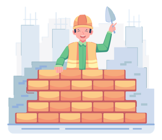 Trabajadores de la construcción construyendo un muro  Ilustración