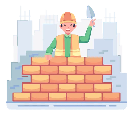 Trabajadores de la construcción construyendo un muro  Ilustración