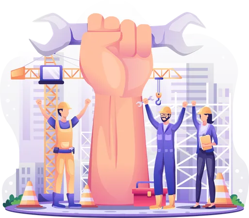 Trabajadores de la construcción felices levantando la mano  Ilustración