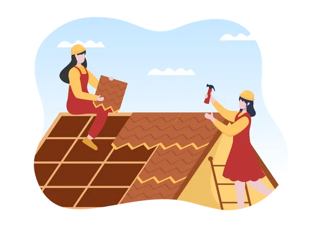 Trabajadores de la construcción instalando el techo de la casa  Ilustración
