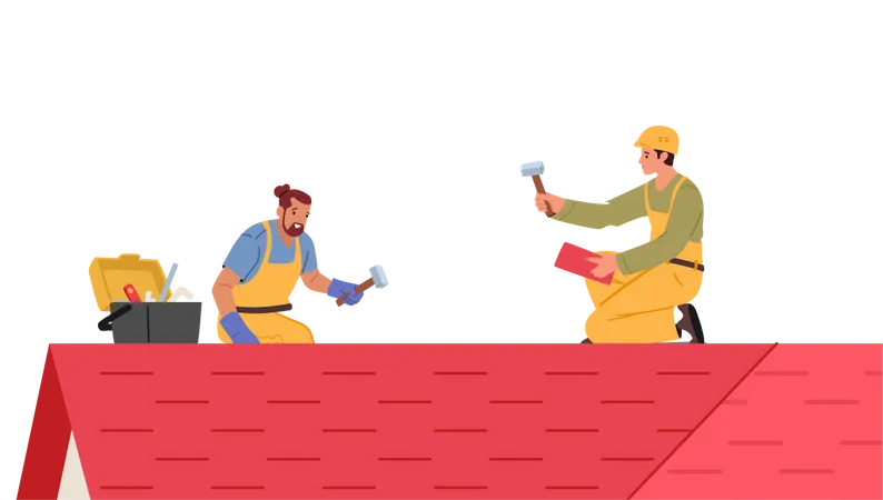 Trabajadores de la construcción reparando la azotea  Ilustración