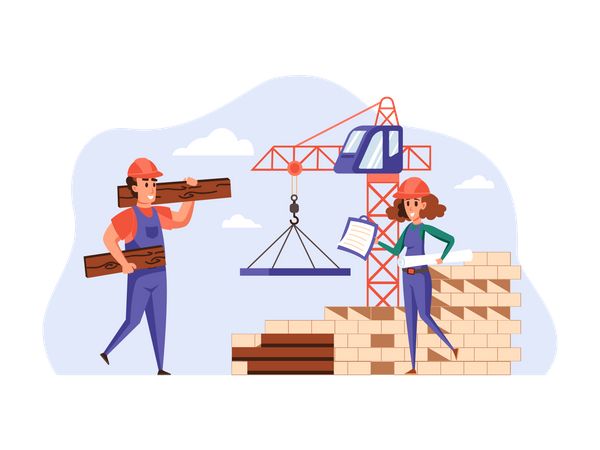 Trabajadores de la construcción trabajando en el proyecto  Ilustración