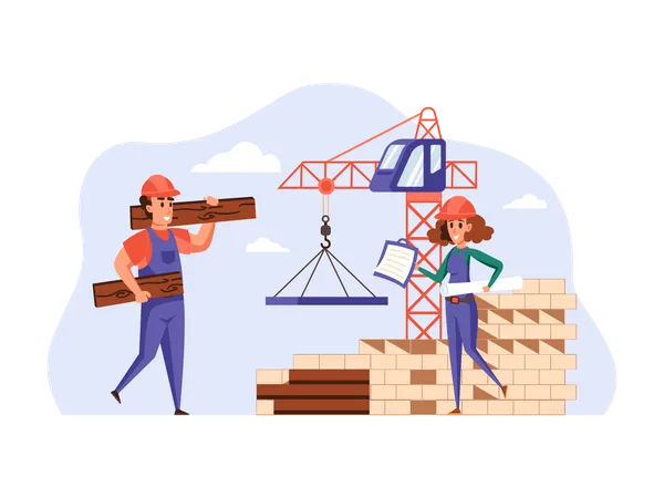 Trabajadores de la construcción trabajando en el proyecto  Ilustración