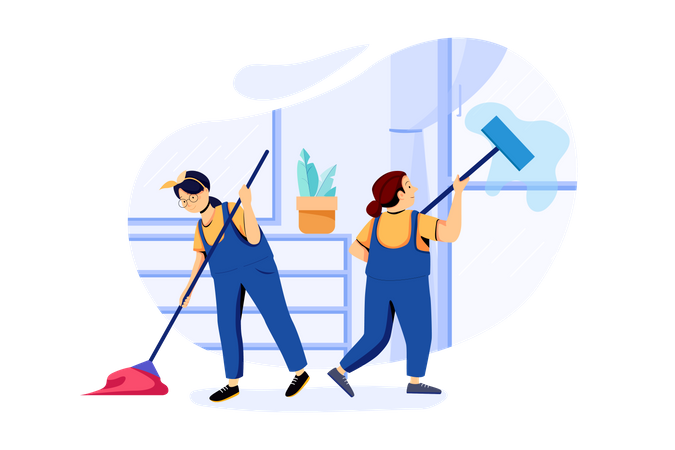 Trabajadores de limpieza limpiando la casa con trapeador  Ilustración